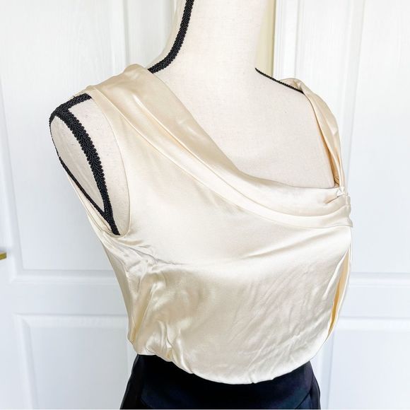Antonio Melani 0 One Shoulder Cream White Black Contrast Silky Evening Dress - Picture 10 of 15